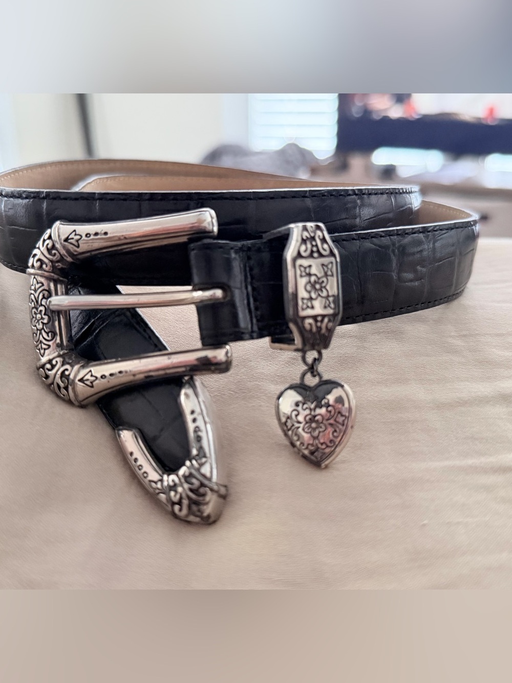 Brighton Black Leather Western Belt with Silver Heart Charm
